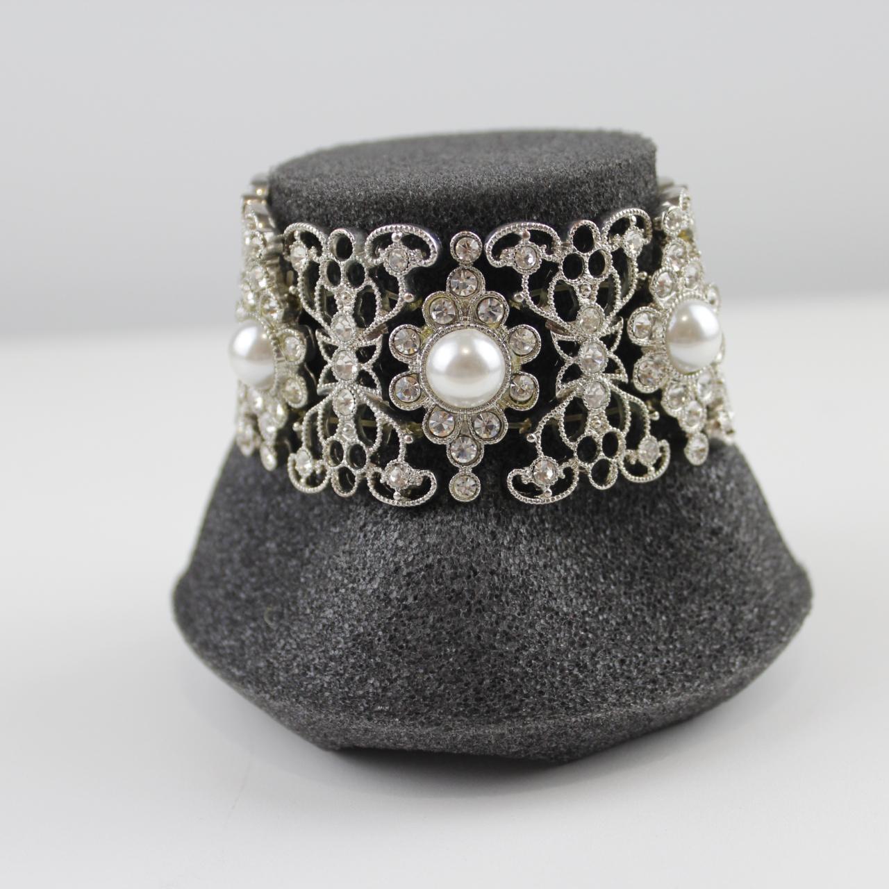 Stretch Bracelet Faux Pearls & Clear Stones Silver Tone Wide