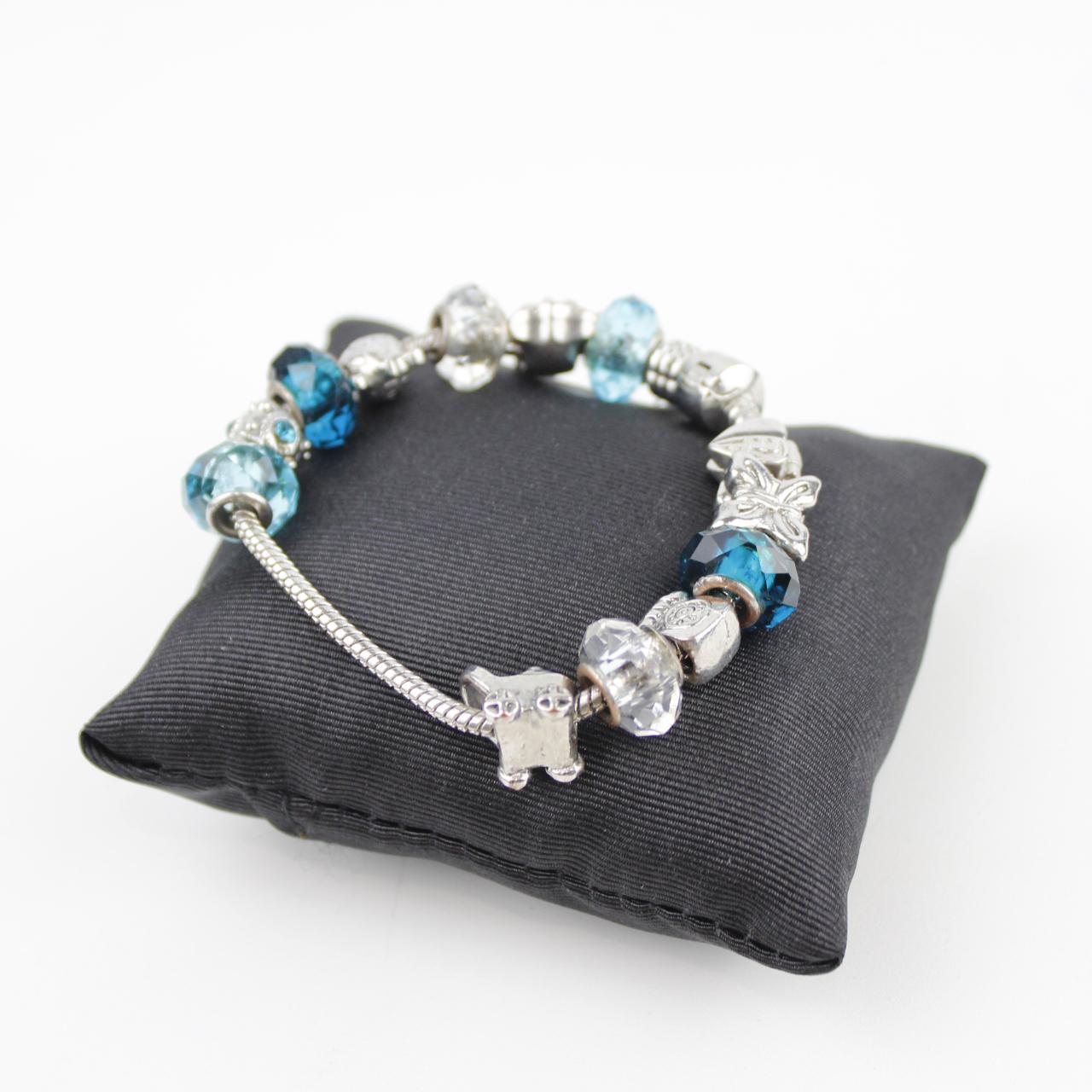 Silver Charm Bracelet Blue Crystal Beads Adjustable Dangle J
