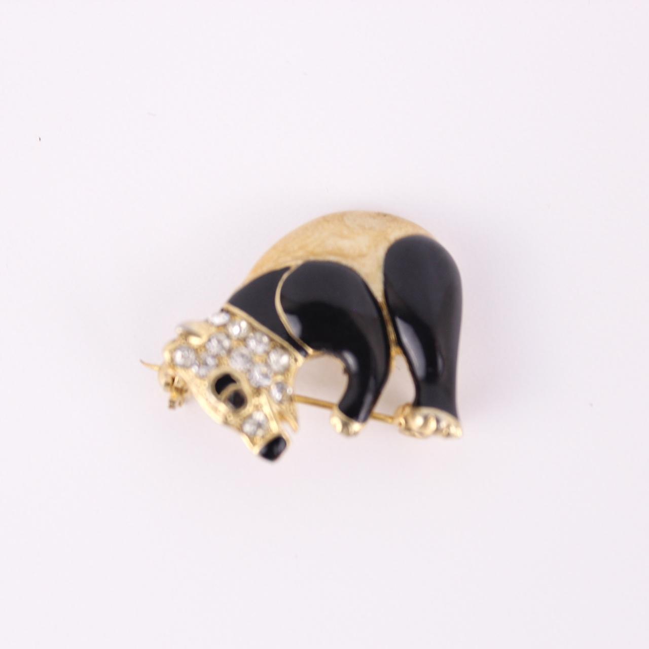 Panda Bear Brooch Gold tone Enamel Rhinestone Animal Bamboo Jewellery Pin  Good