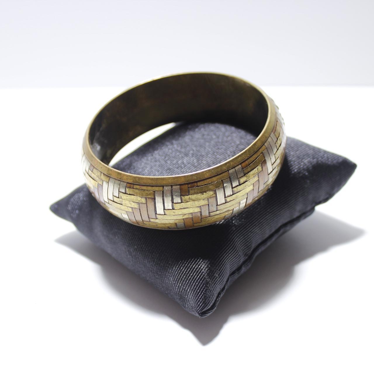 Vintage Tri Tone Woven Basketweave Bangle Bracelet Wide Gold