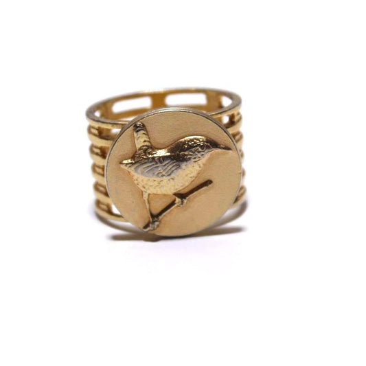 Wren Bird Ring Gold Tone Wide Cage Band Statement Jewelry