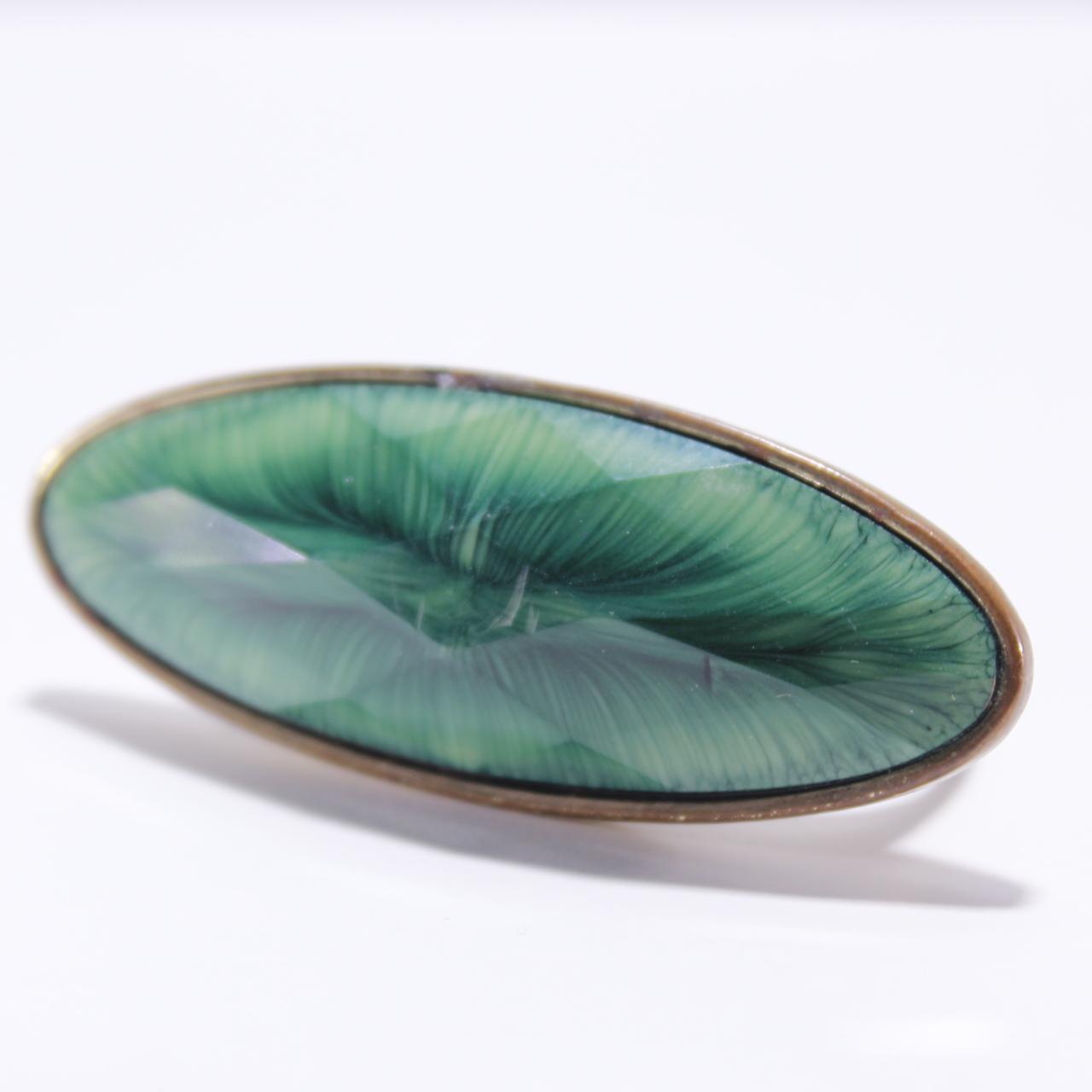 Two Finger Ring Oval Faceted Green Stone Gold Tone Statement