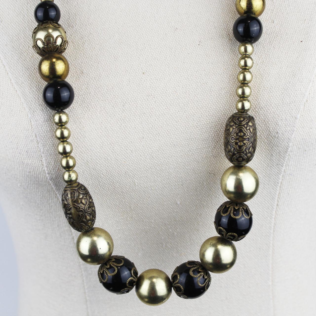 Long Beaded Necklace Black Gold Metallic Beads Statement Jew