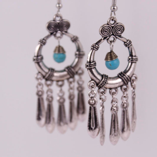 Boho Turquoise Beaded Chandelier Earrings Silver tone Tribal Gypsy Tiered Dangle