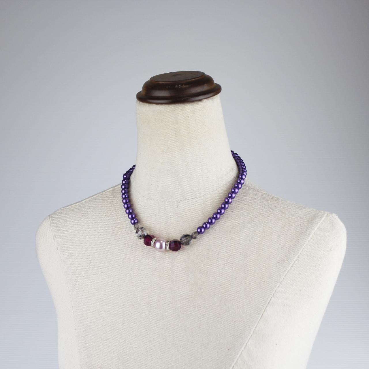 Choker Beaded Necklace Purple Pink Gray Beads Faceted Crysta