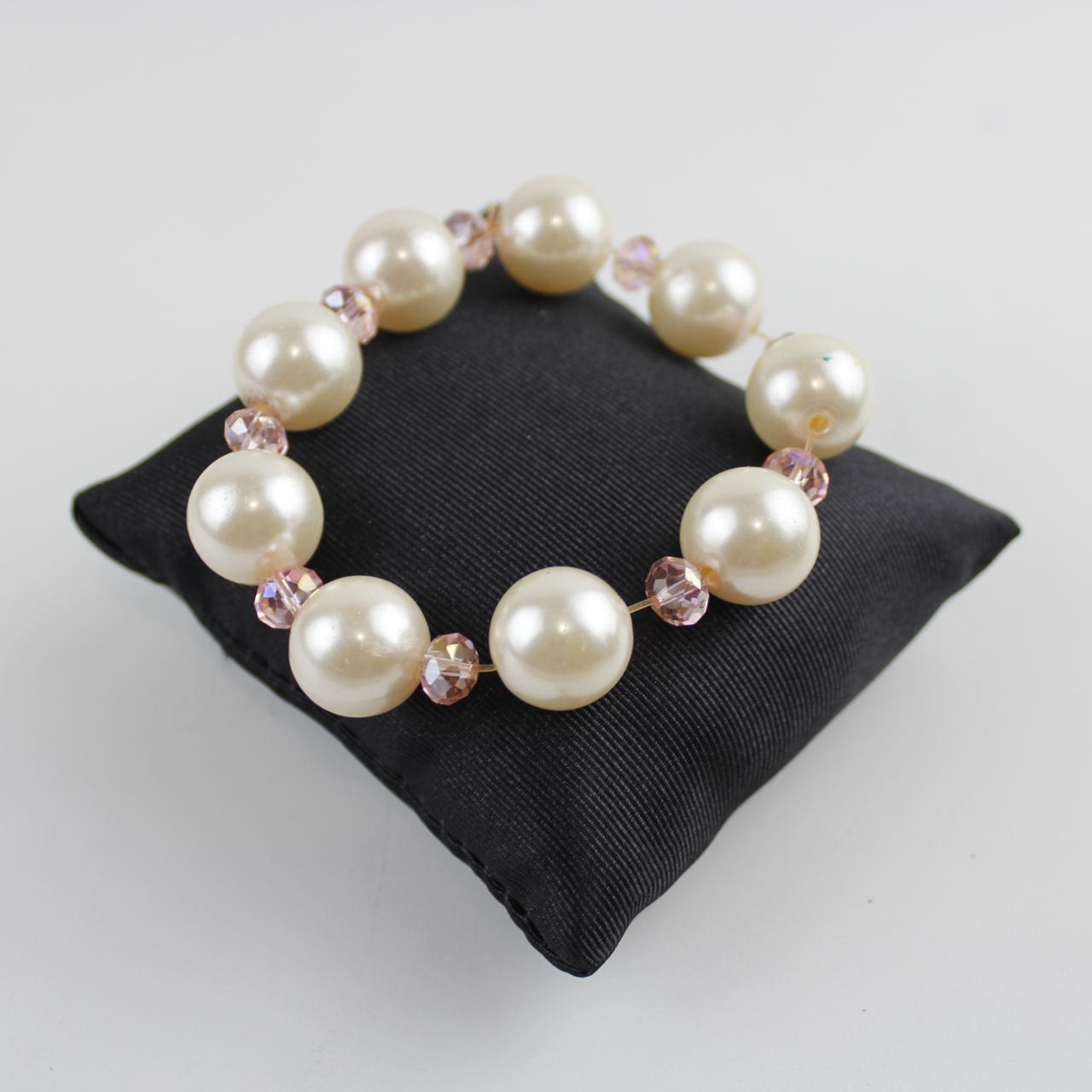 Vintage Faux Pearl & Pink Crystal Bracelet Stretch Beaded Je
