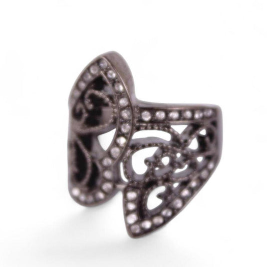 Silver Tone Filigree Heart Ring Gunmetal Grey Statement  Good pre-loved conditio