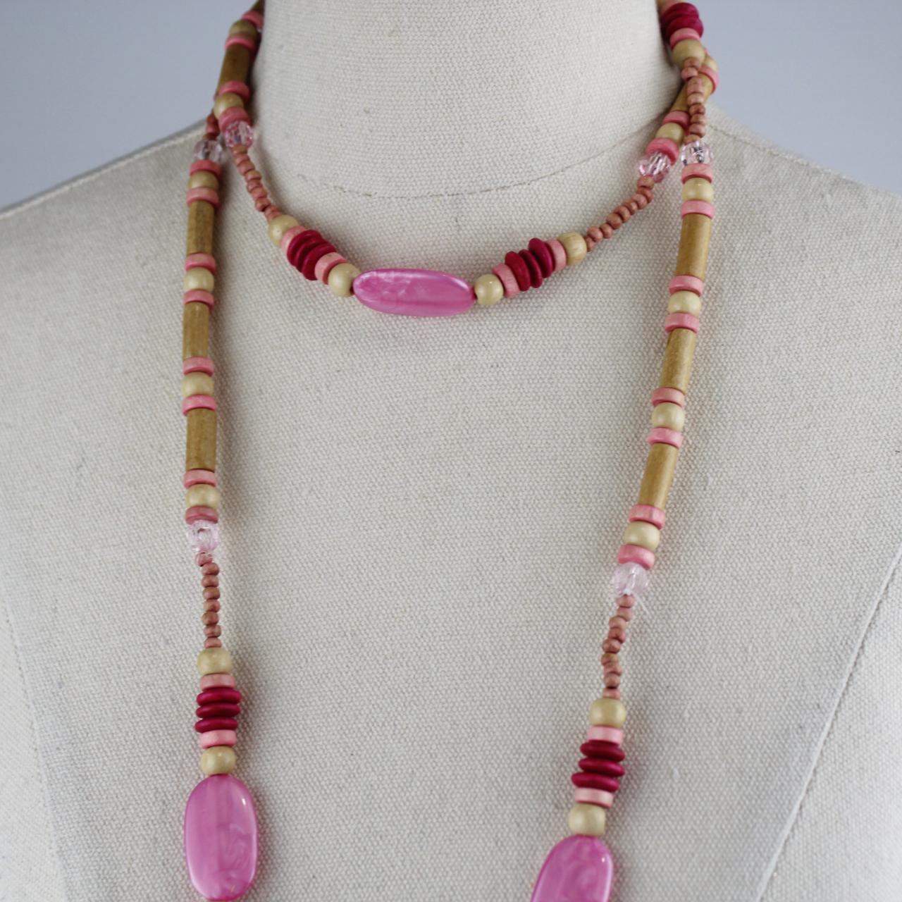 Bohemian Multi Strand Beaded Necklace Gold Pink Maroon Wood