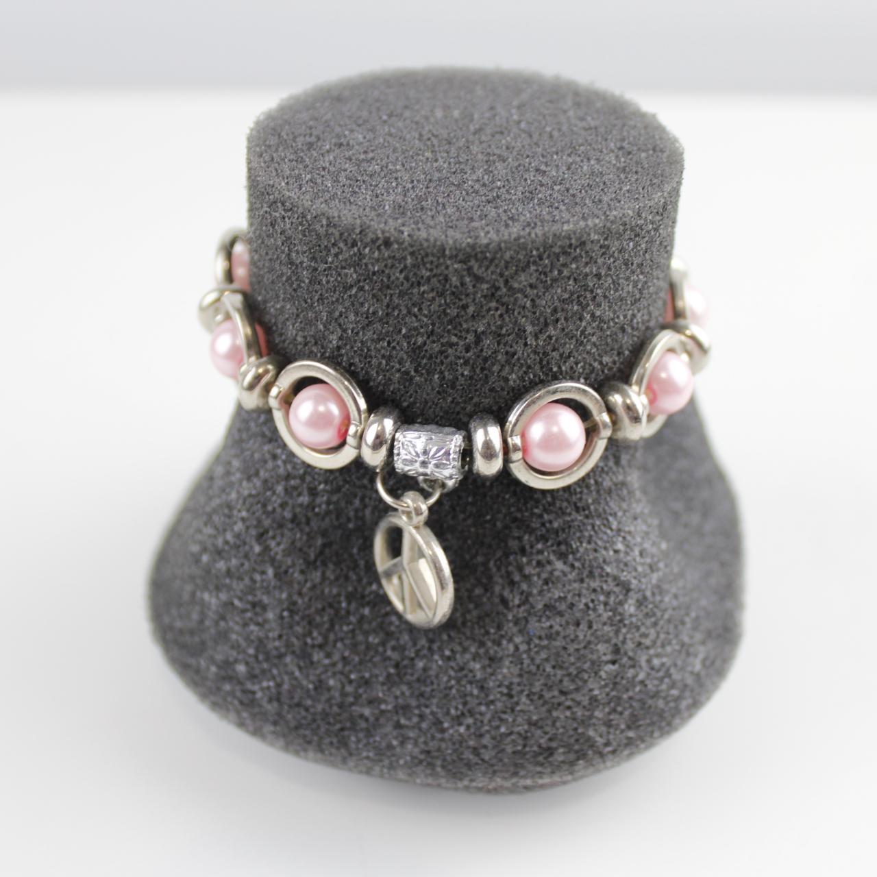 Pink Pearl & Silver Peace Sign Charm Bracelet Beaded Fashion