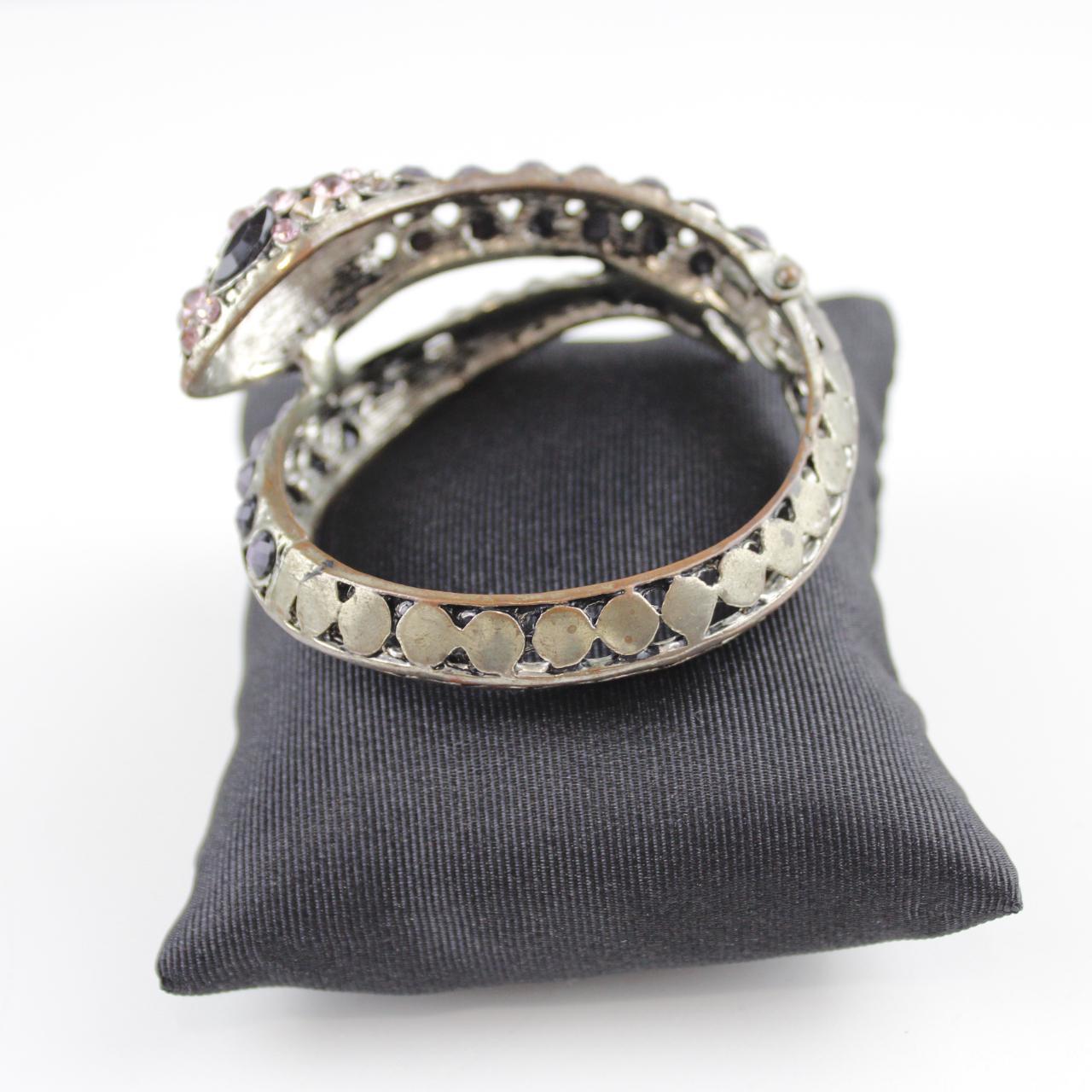 Silver Tone Coiled Snake Bracelet - Purple & Pink Stones - W