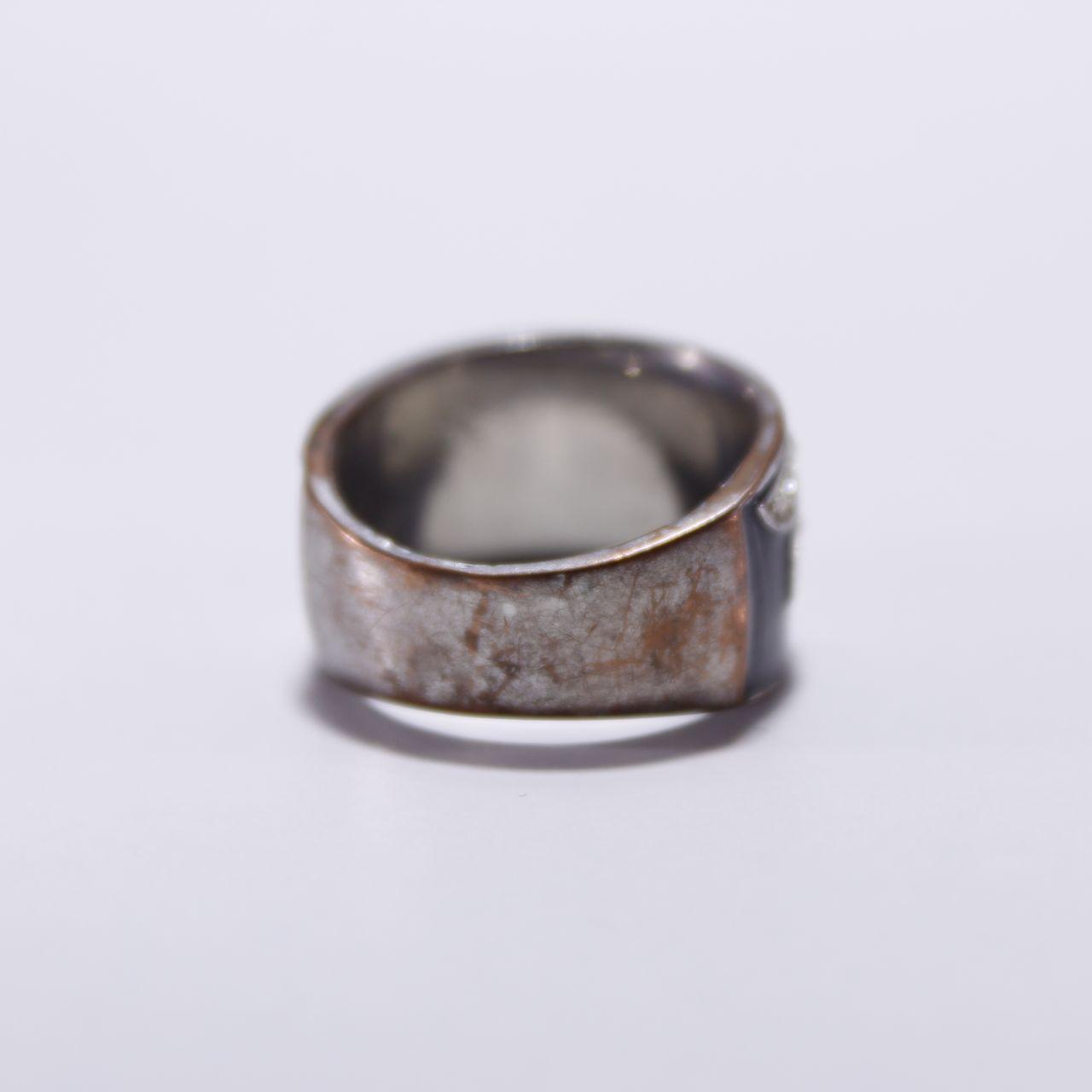 Wide Black Enamel Ring Silver Tone Rhinestone Floral Leaf