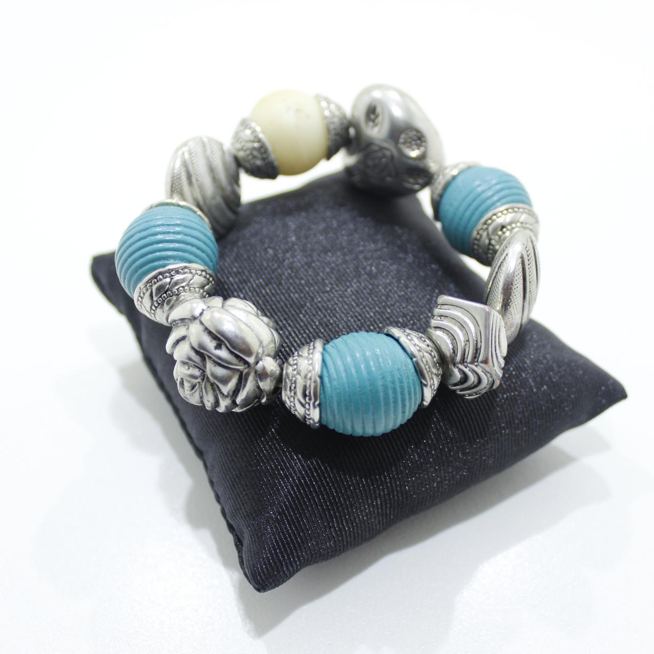 Womens Chunky Stretch Bracelet Silver Tone Turquoise Blue Ro