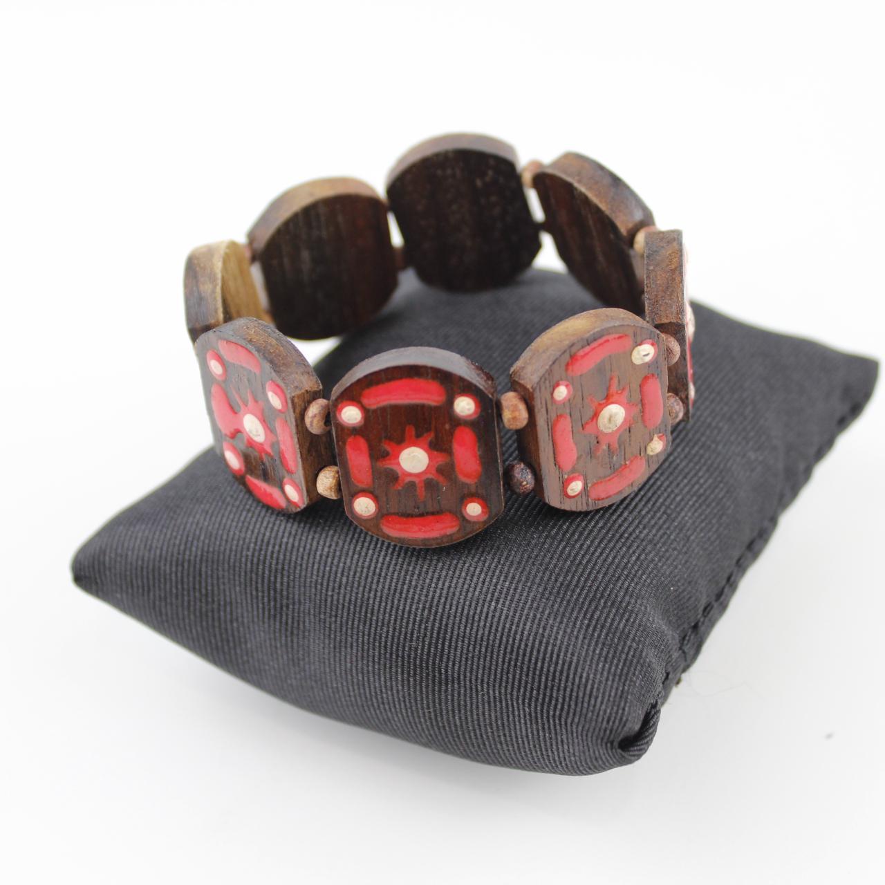 Handmade Wooden Bracelet Red White Inlay Design Ethnic Jewel