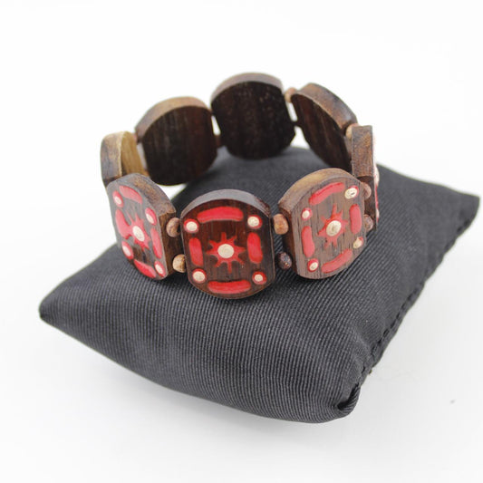 Handmade Wooden Bracelet Red White Inlay Design Ethnic Jewel