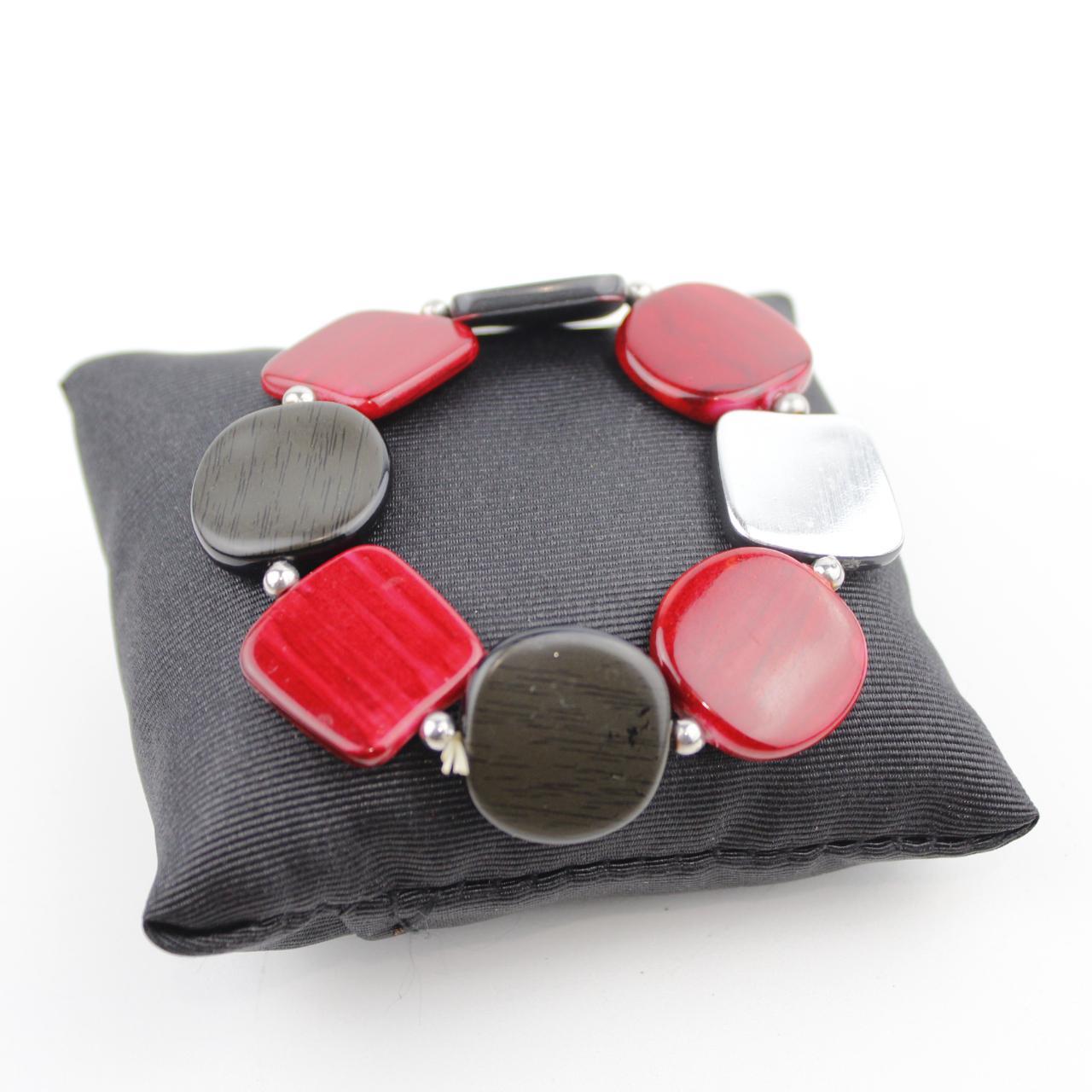 Polished Bead Bracelet Black Red Silver Wood Grain Bold Mode