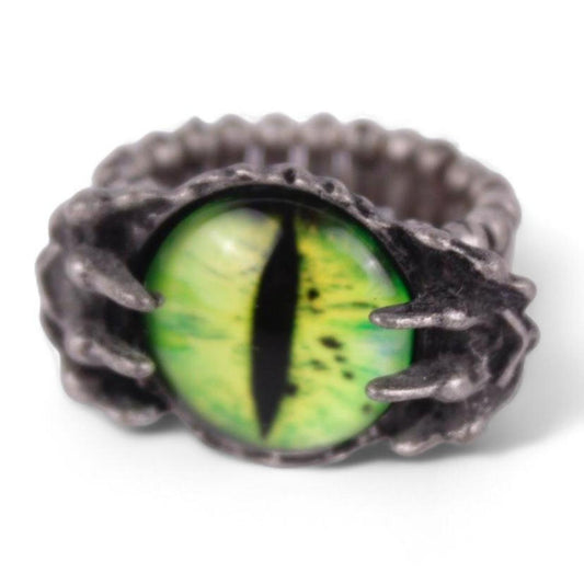 Green Dragon Eye Ring Silver Tone Stretch Band Gothic Punk Biker Statement Jewel