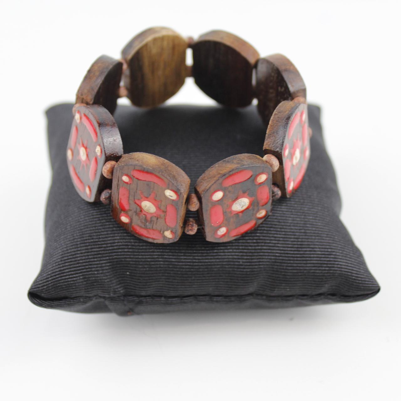 Handmade Wooden Bracelet Red White Inlay Design Ethnic Jewel