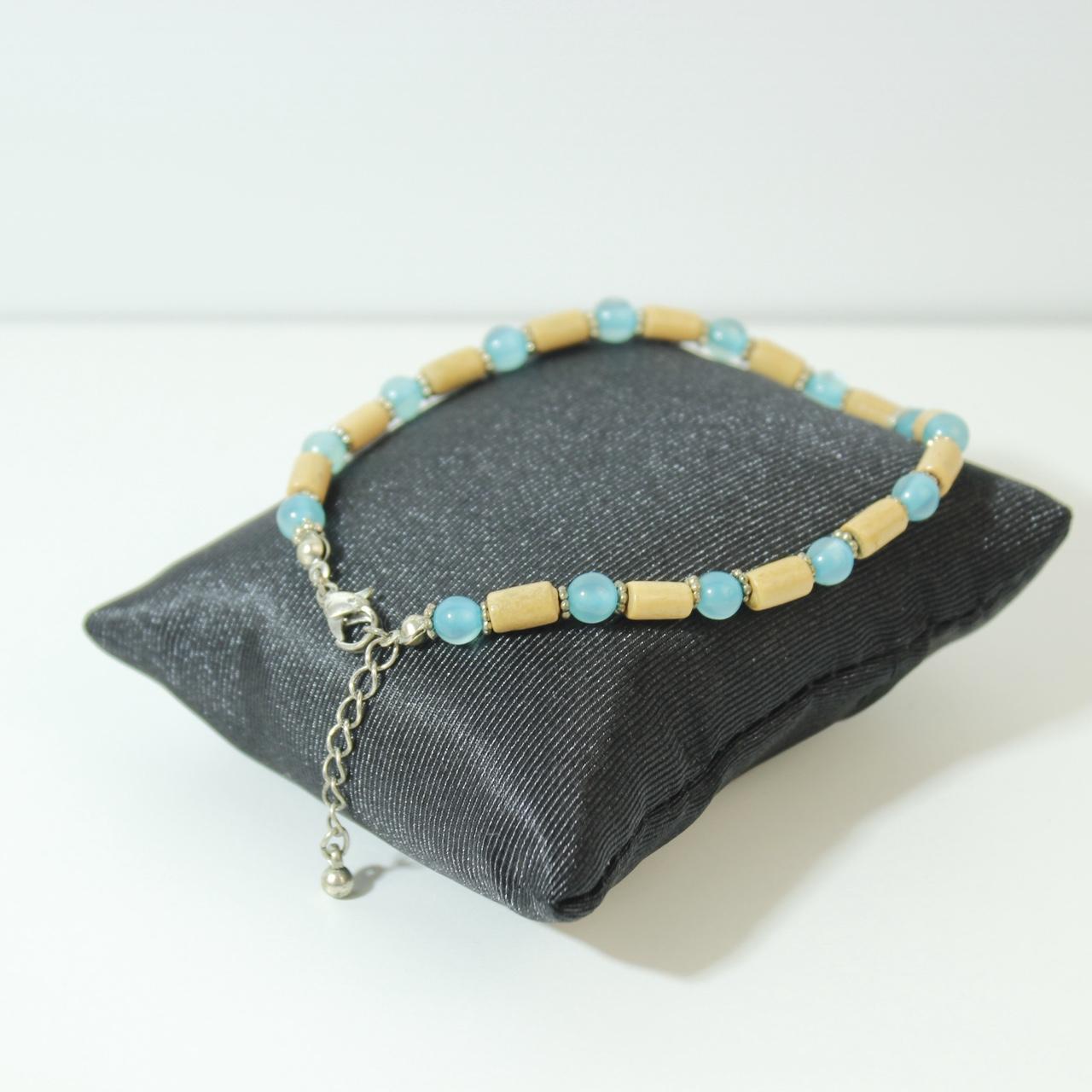 Silver Tone Blue Beaded Charm Bracelet Wood Tube Spacer Beads Flower Pendant