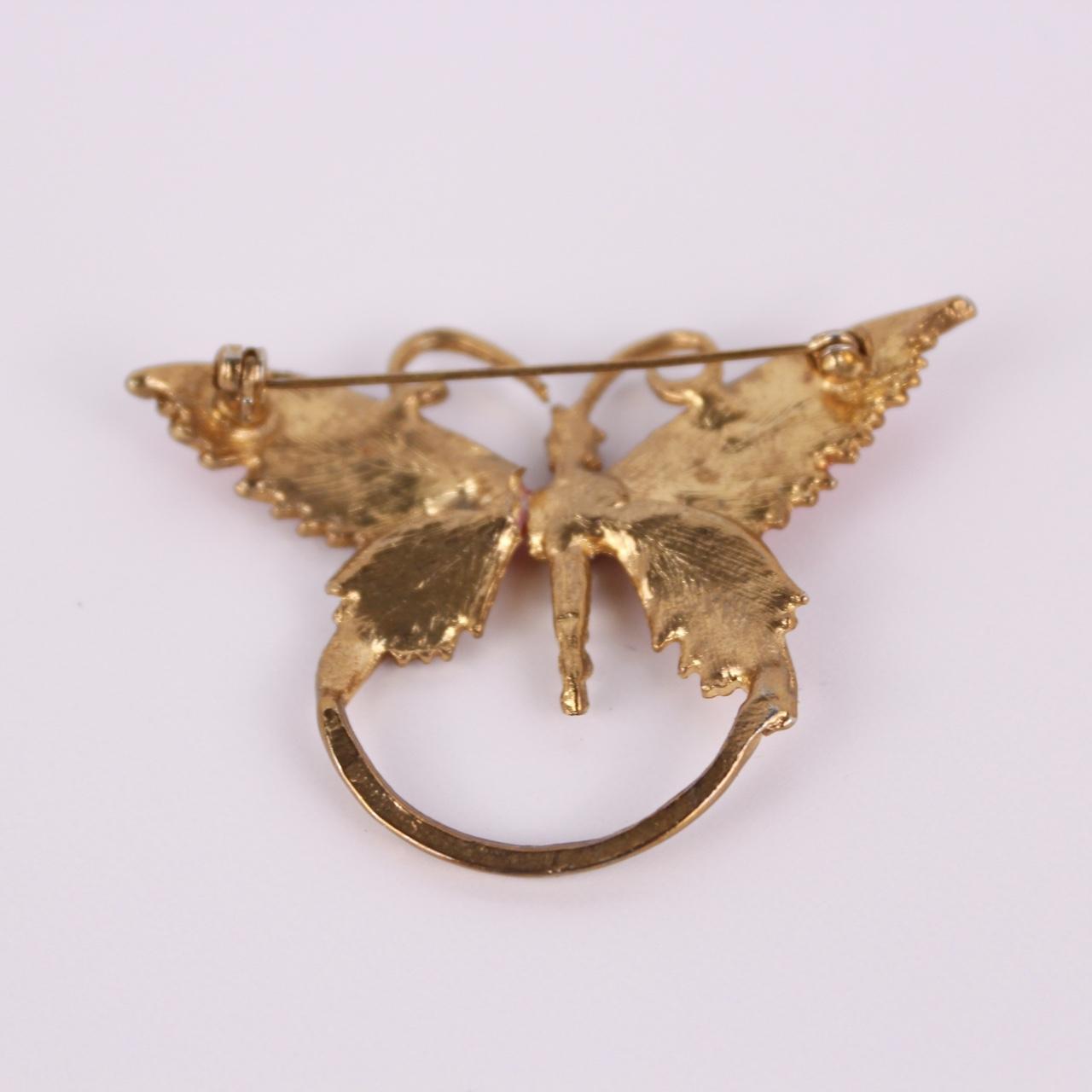 Butterfly Brooch Gold tone Pink Enamel Scarf Ring Animal Wing Jewellery Pin Uniq