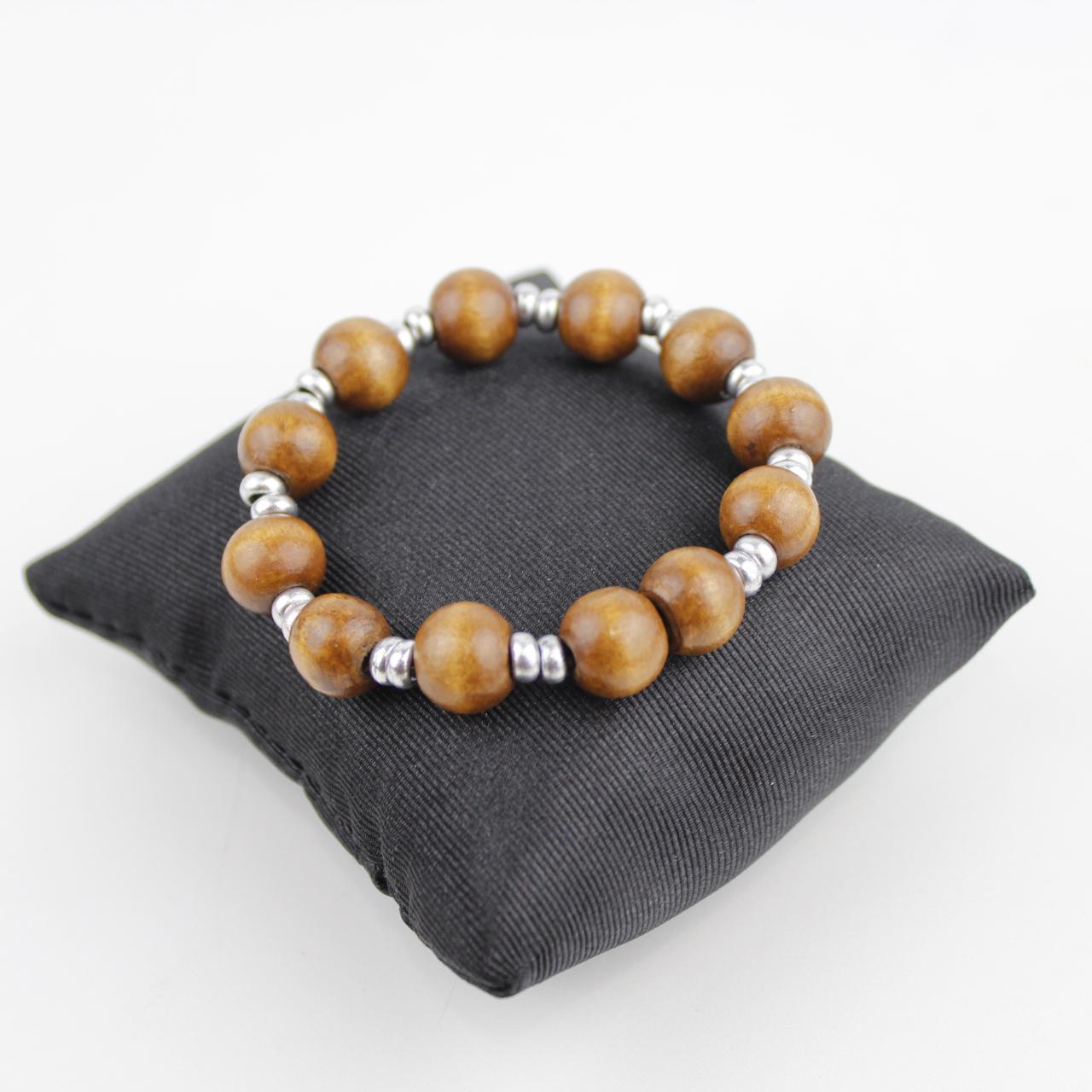 Stretch Wooden Bead Bracelet Brown Silver Spacer Jewelry Fas
