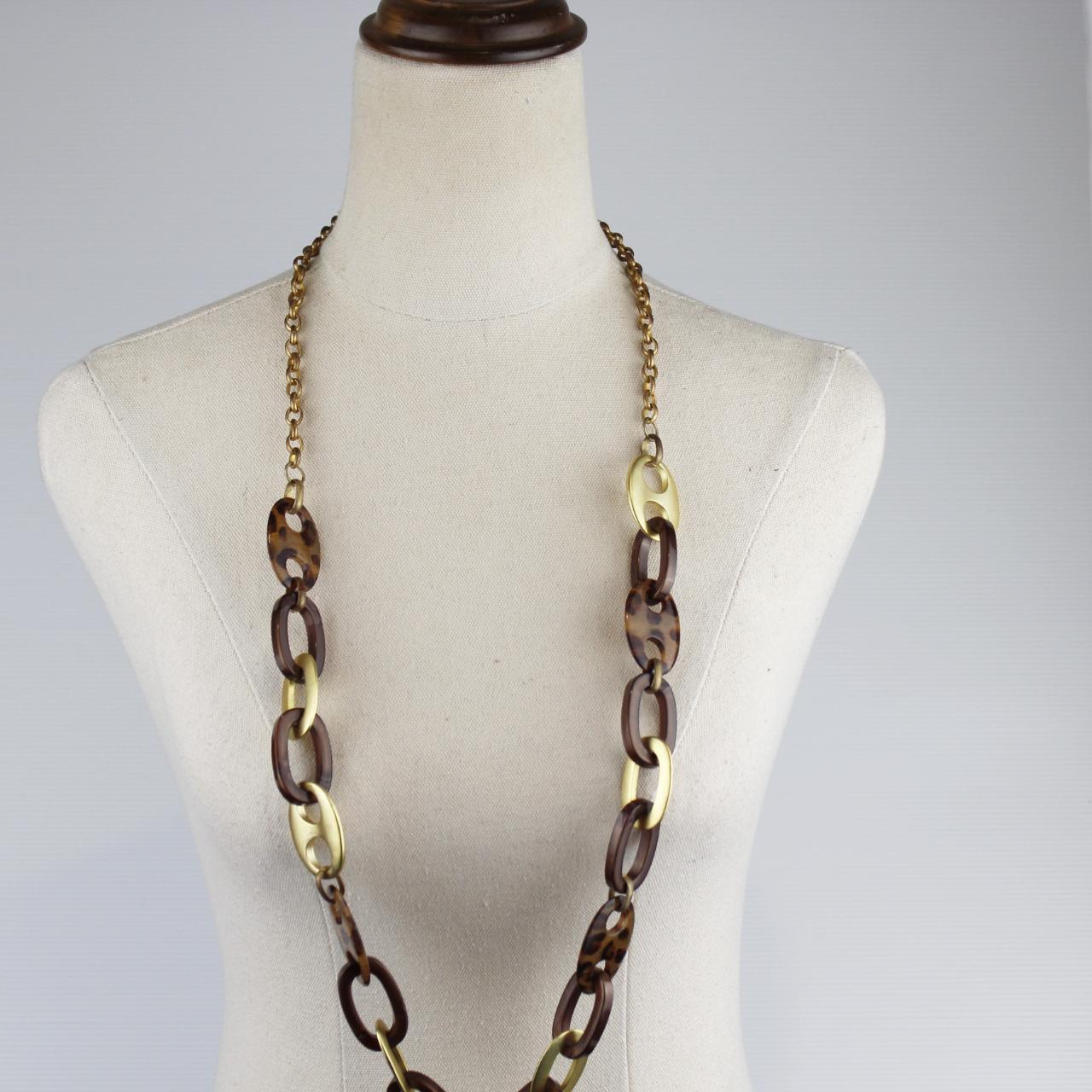 Long Statement Necklace Tortoiseshell Gold Links Modern Fash