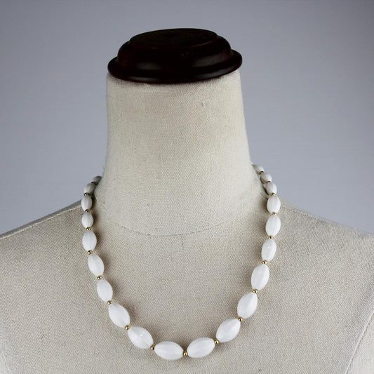 White Bead Necklace Oval Large Beads Gold Tone Spacers White