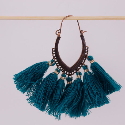 Teal Tassel Hoop Earrings Bronze tone Boho Fringe Fan Dangle Ethnic Festival Sta