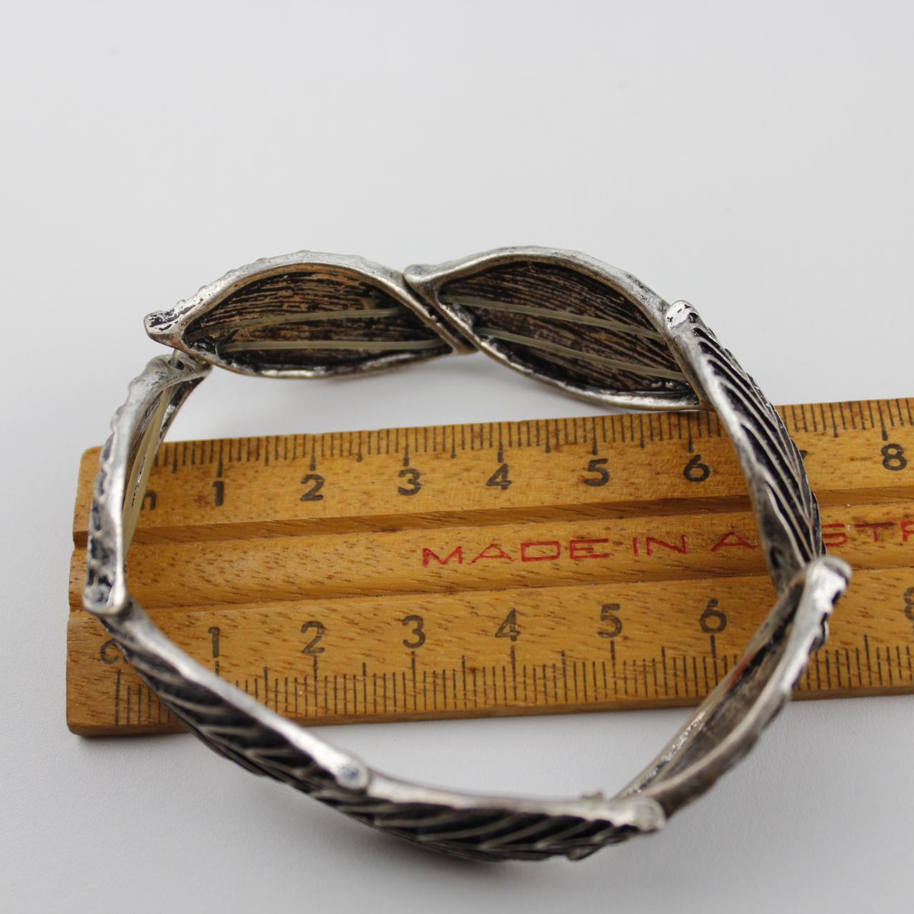 Silver Expandable Bangle Bracelet Leaf Pattern Adjustable Je