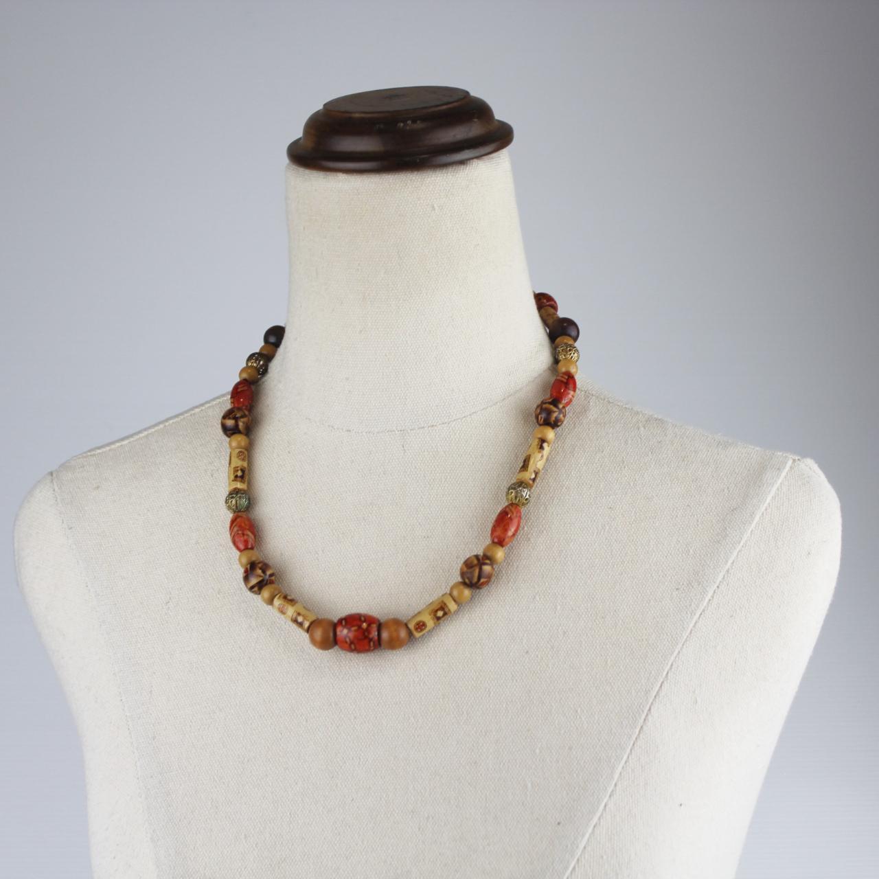 Beaded Necklace Brown Tan Red Beads Rustic Boho Fashion Jewe