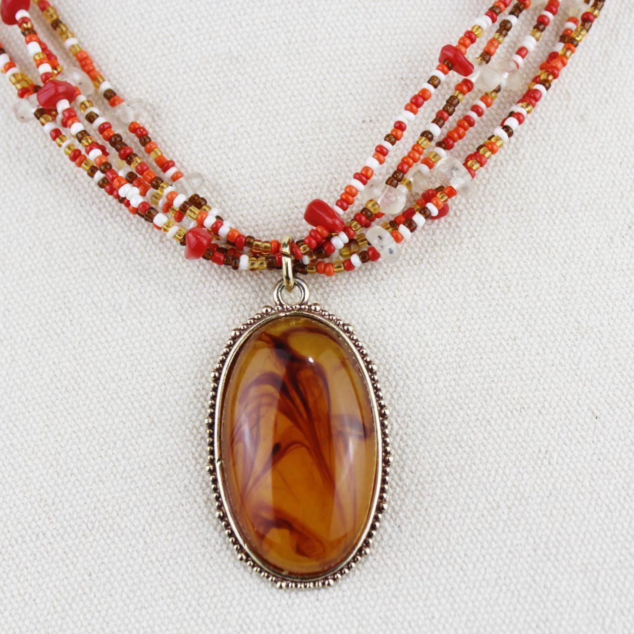 Multistrand Beaded Necklace Red Orange White Beads Marbled P