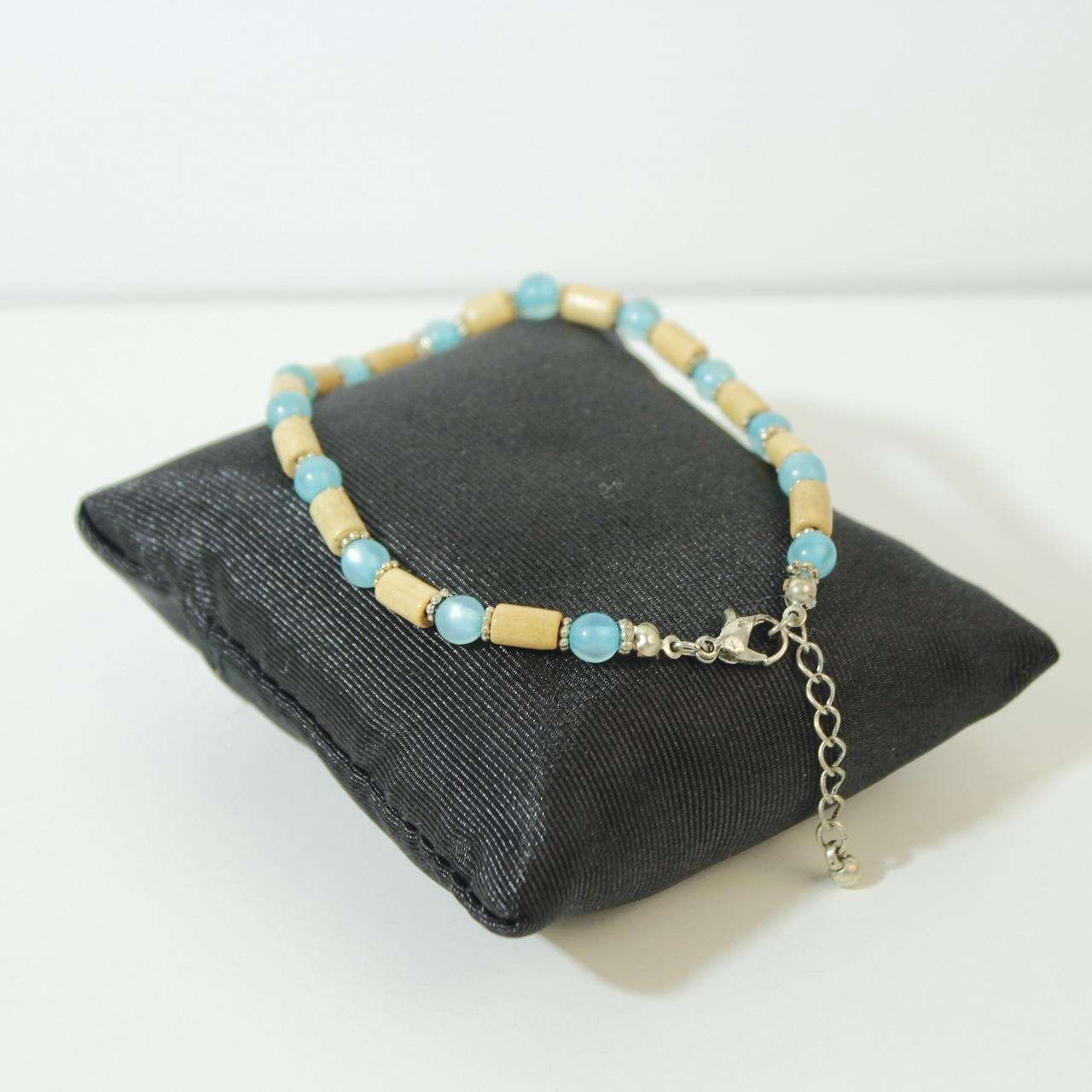 Silver Tone Blue Beaded Charm Bracelet Wood Tube Spacer Beads Flower Pendant