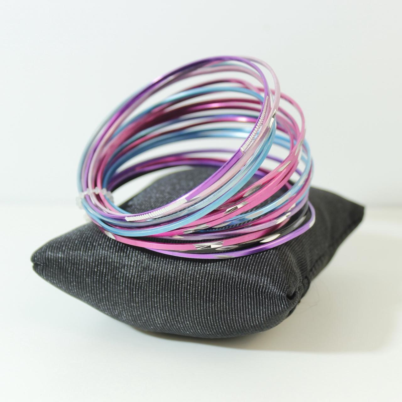 Set Multi-Colour Metallic Stacking Bangles Pink Purple Blue  Festive Summer