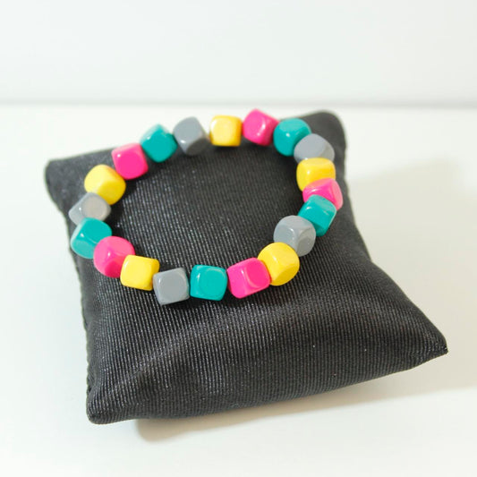 Geometric Multicolour Cube Bead Stretch Bracelet Pink Yellow Teal Grey Square