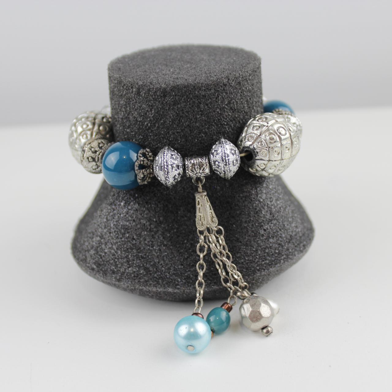 Boho Blue Beaded Bracelet Silver Tone Charm Dangle Fashion J