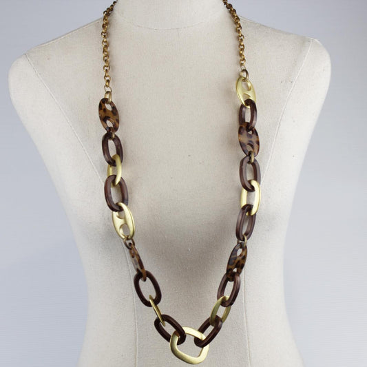Long Statement Necklace Tortoiseshell Gold Links Modern Fash