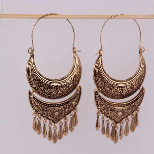 Boho Gold tone Crescent Hoop Earrings Etched Tribal Chandelier, Tiered Dangle  E