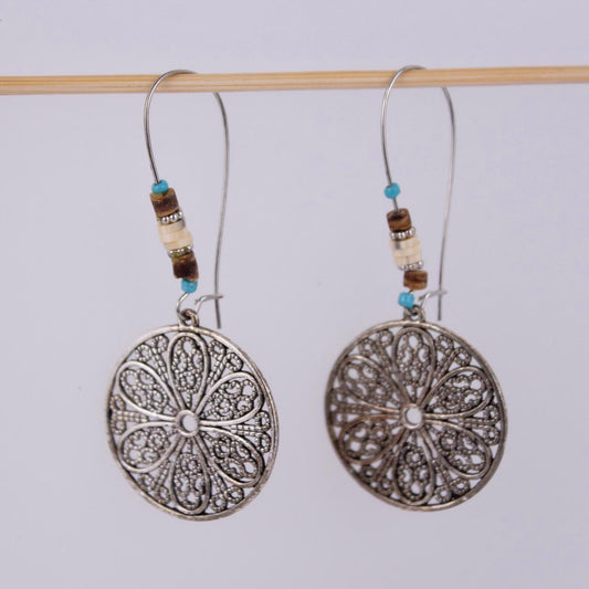 Boho Filigree Disk Dangle Earrings Silver tone Turquoise Wood Bead Mandala Drop
