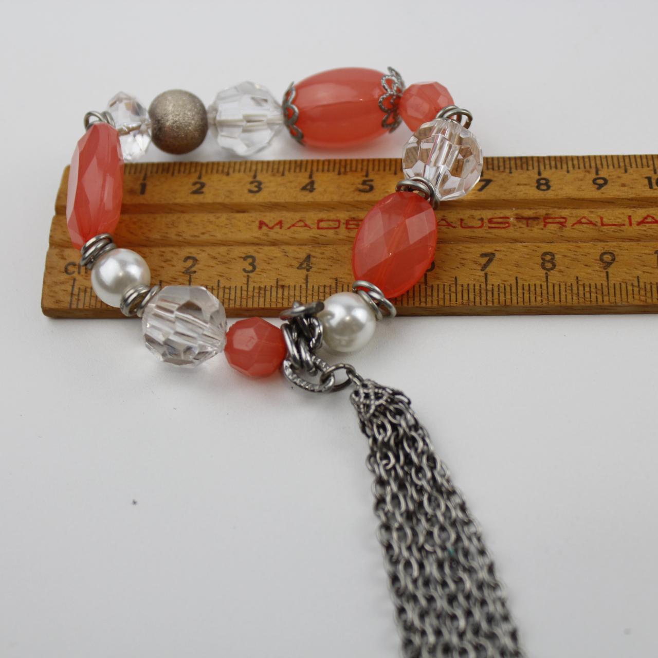 Handmade Coral Bead Bracelet Crystal Pearl Silver Tassel Cha