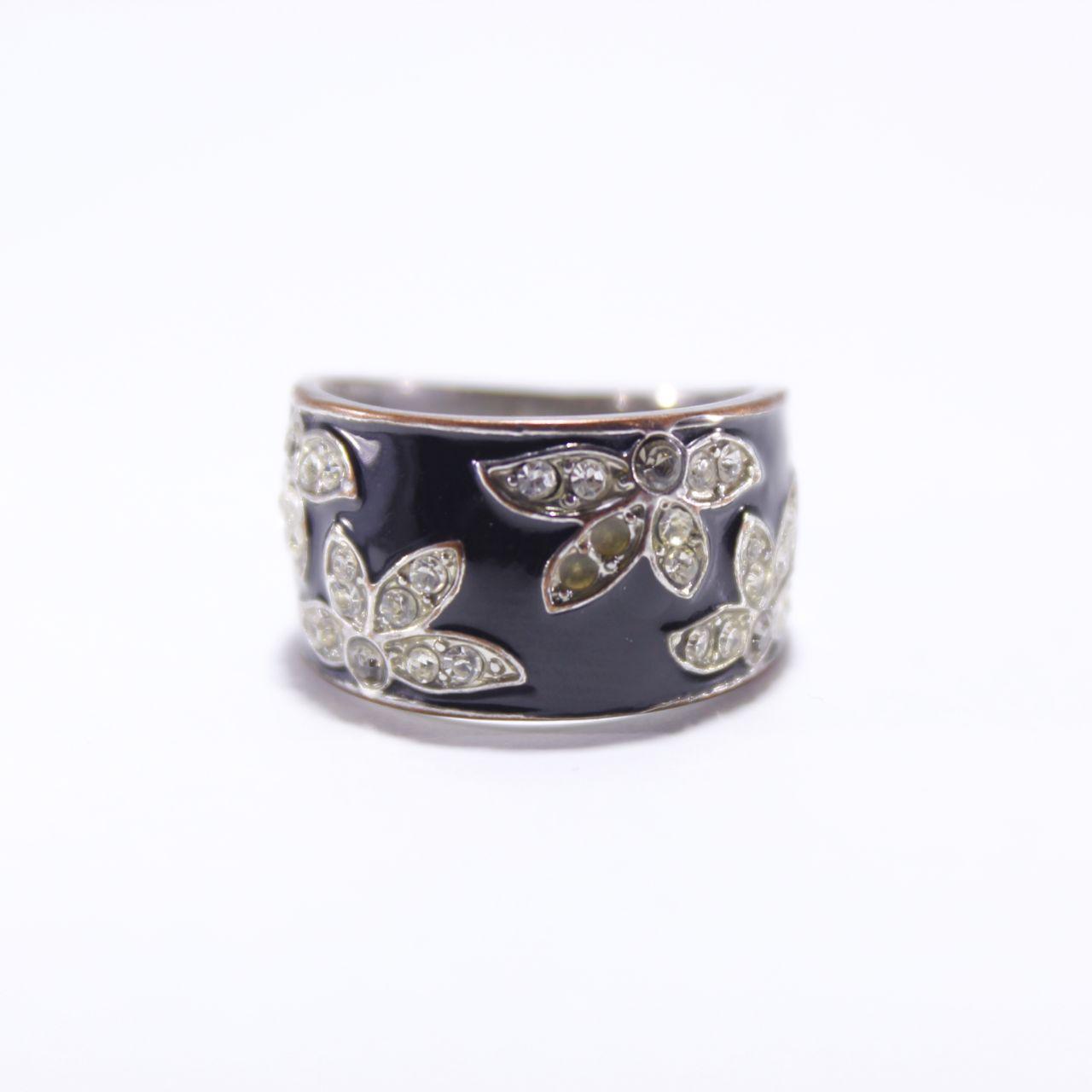 Wide Black Enamel Ring Silver Tone Rhinestone Floral Leaf