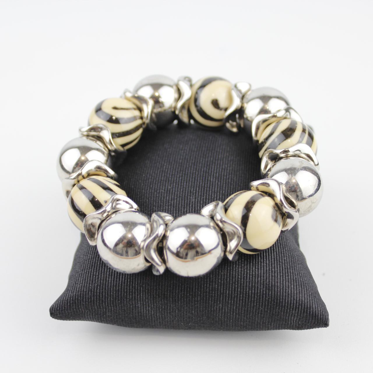 Stylish Silver and Striped Beaded Bracelet with Black and Be
