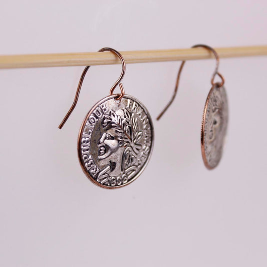 Silver tone Roman Coin Dangle Earrings Antiqued Medallion Boho Mythology Replica