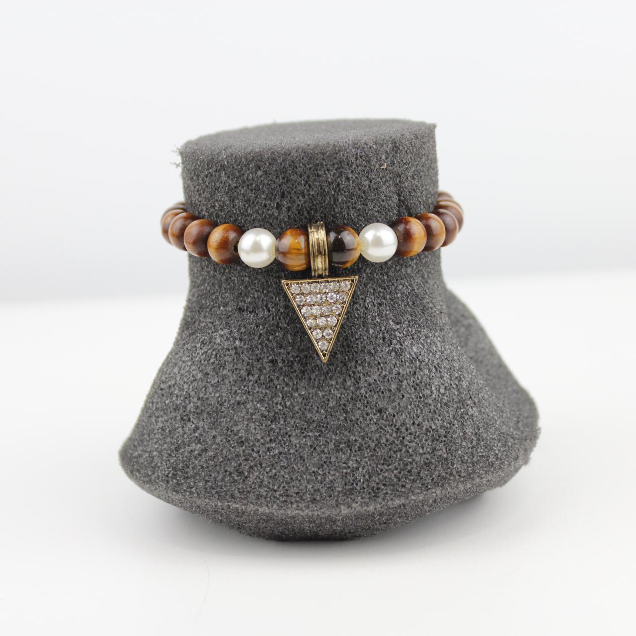 Wooden Bead Bracelet Pearl Rhinestone Triangle Pendant Jewel