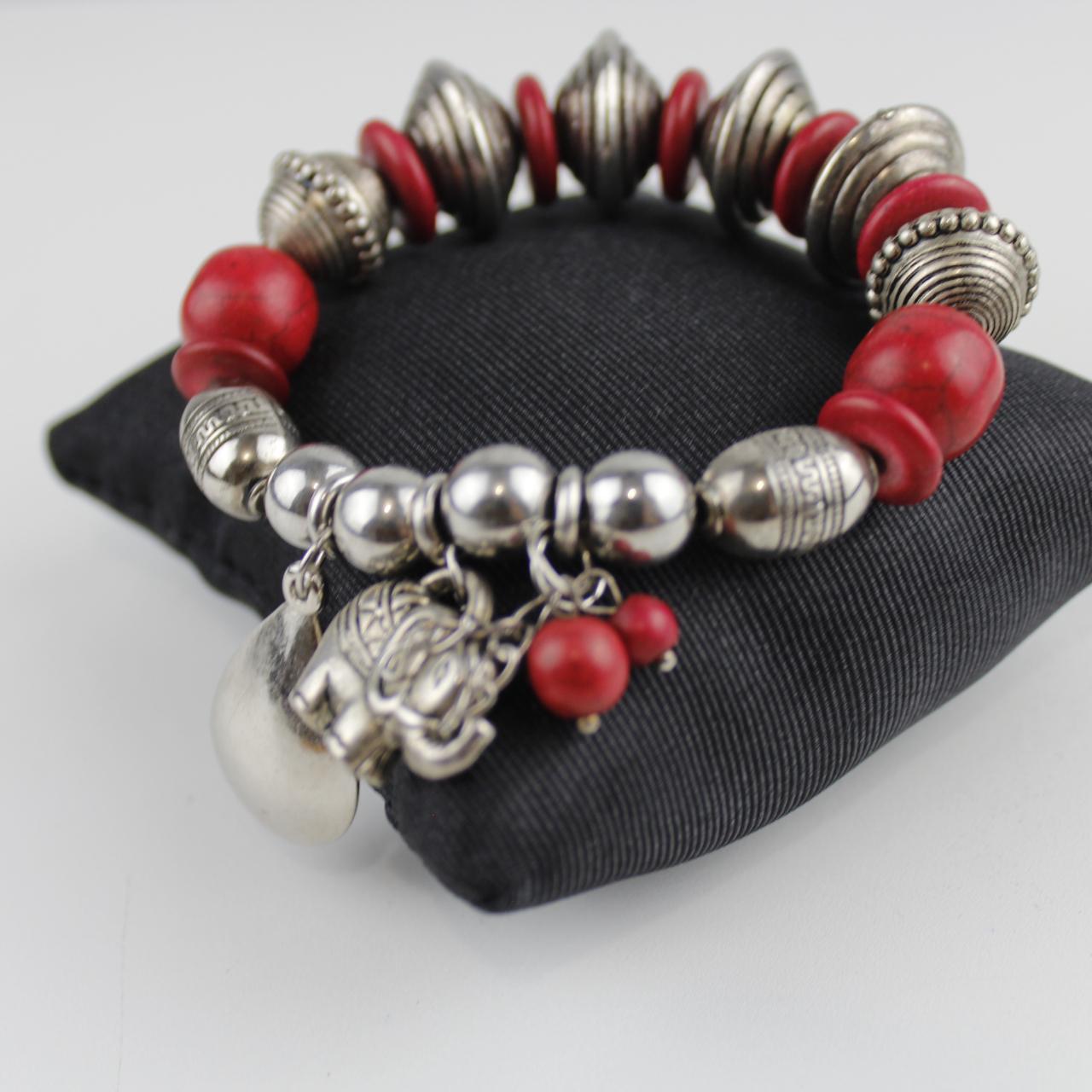 Red and Silver Tone Bead Stretch Bracelet Silver Tone Elepha