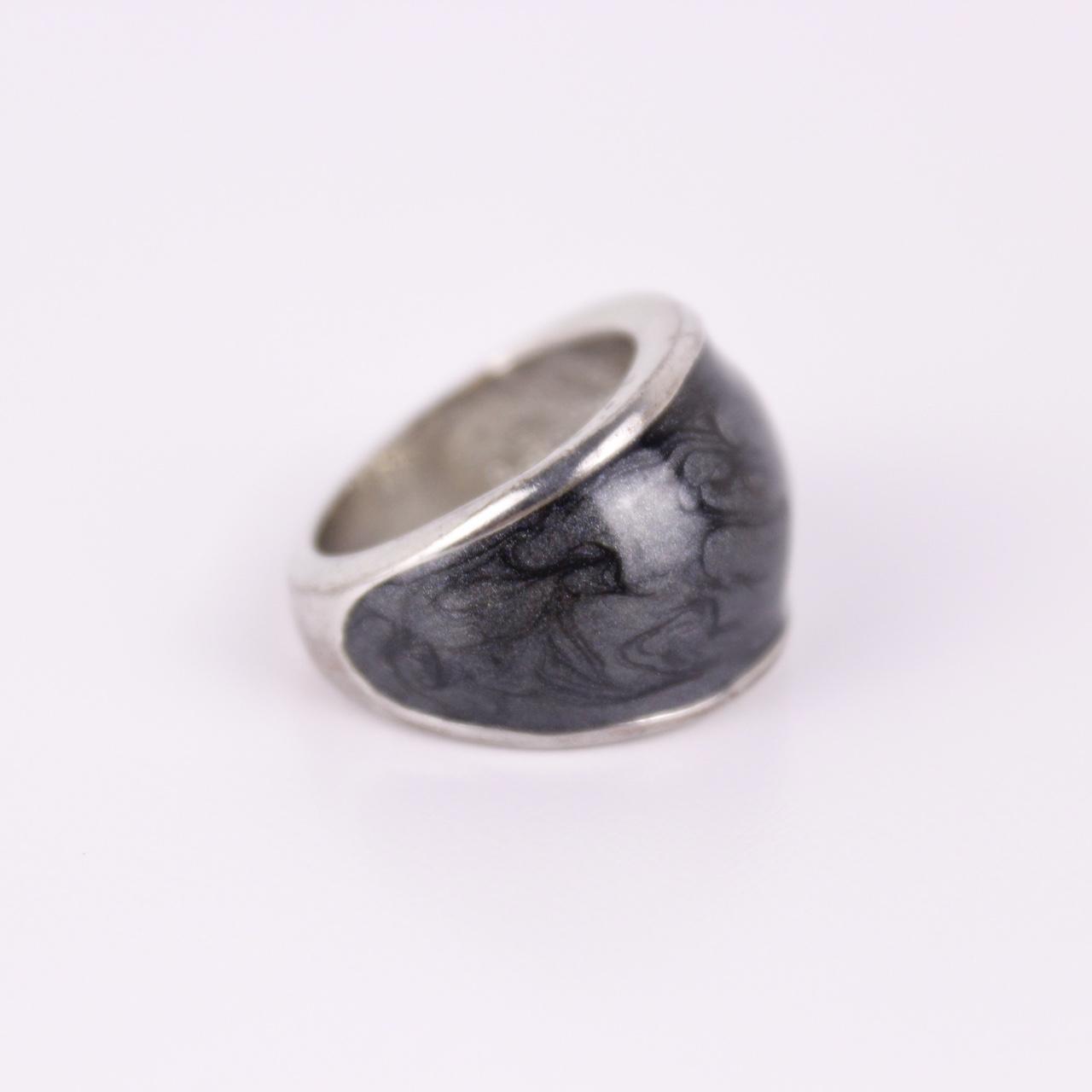 Silver Tone Black Enamel Dome Ring Marbled Swirl Statement Chunky Bold Jewellery