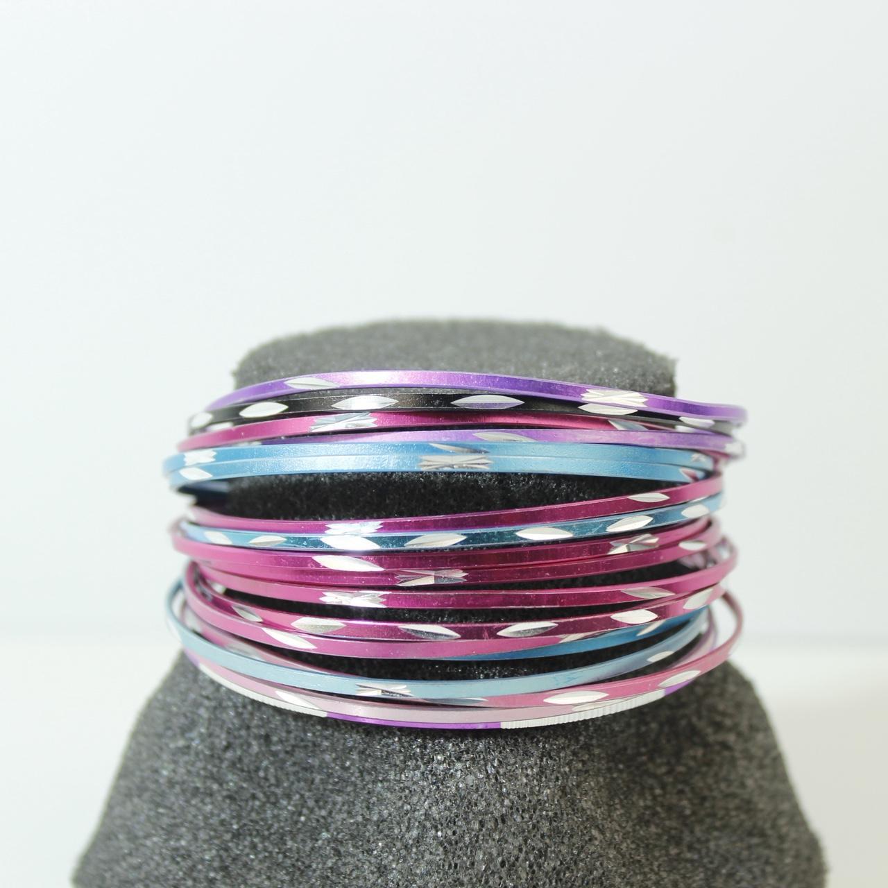 Set Multi-Colour Metallic Stacking Bangles Pink Purple Blue  Festive Summer