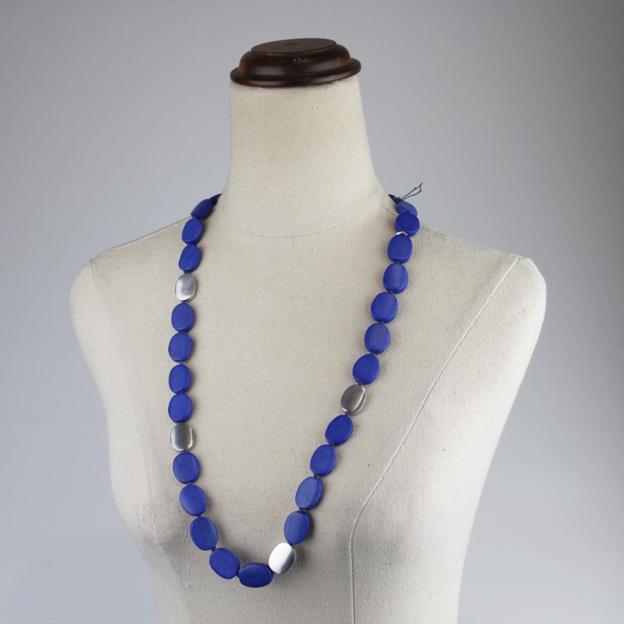 Long Beaded Necklace Blue Oval Beads Silver Discs Minimalist