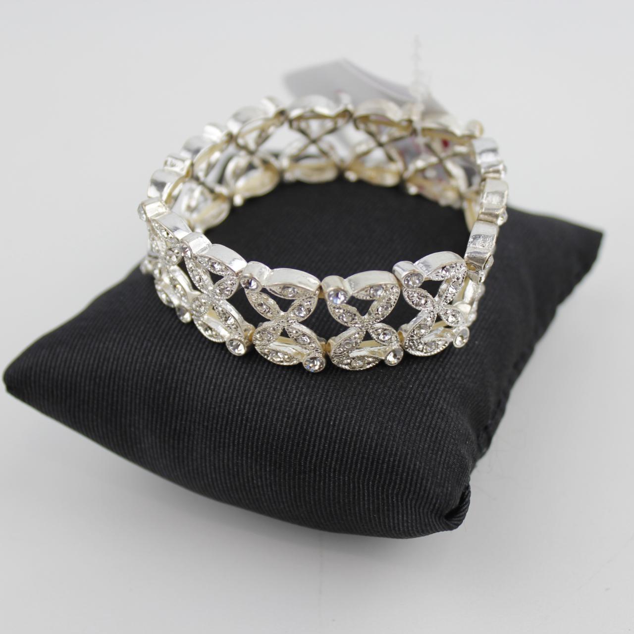Silver Tone Bracelet Heart Openwork Design Rhinestone Encrus