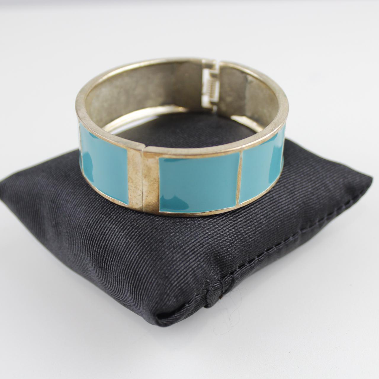 Vintage Enamel Clamper Bracelet Turquoise Blue Gold Tone Wid