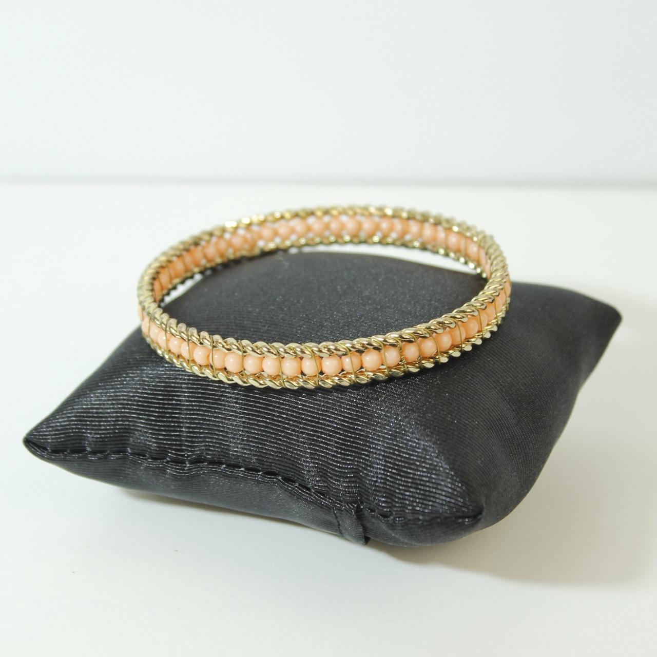 Gold Tone Triple Row Bangle Bracelet Beaded Center Rope Edge Detail