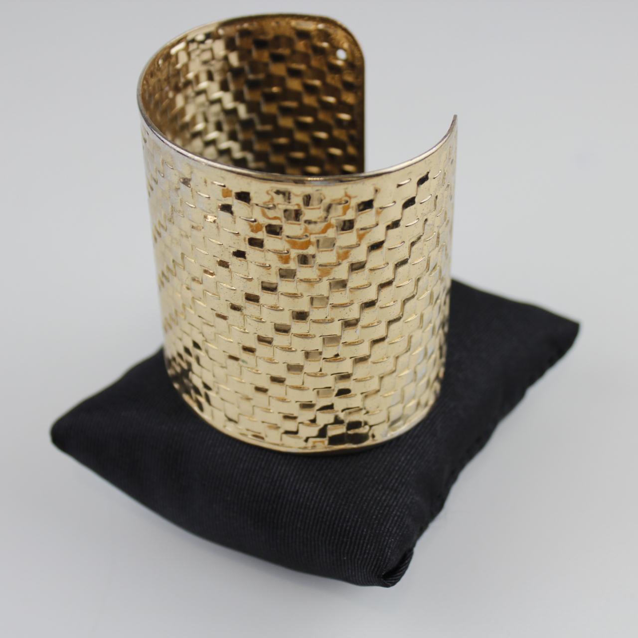 Gold Tone Cuff Bracelet - Textured Woven Pattern - Cut-Out D